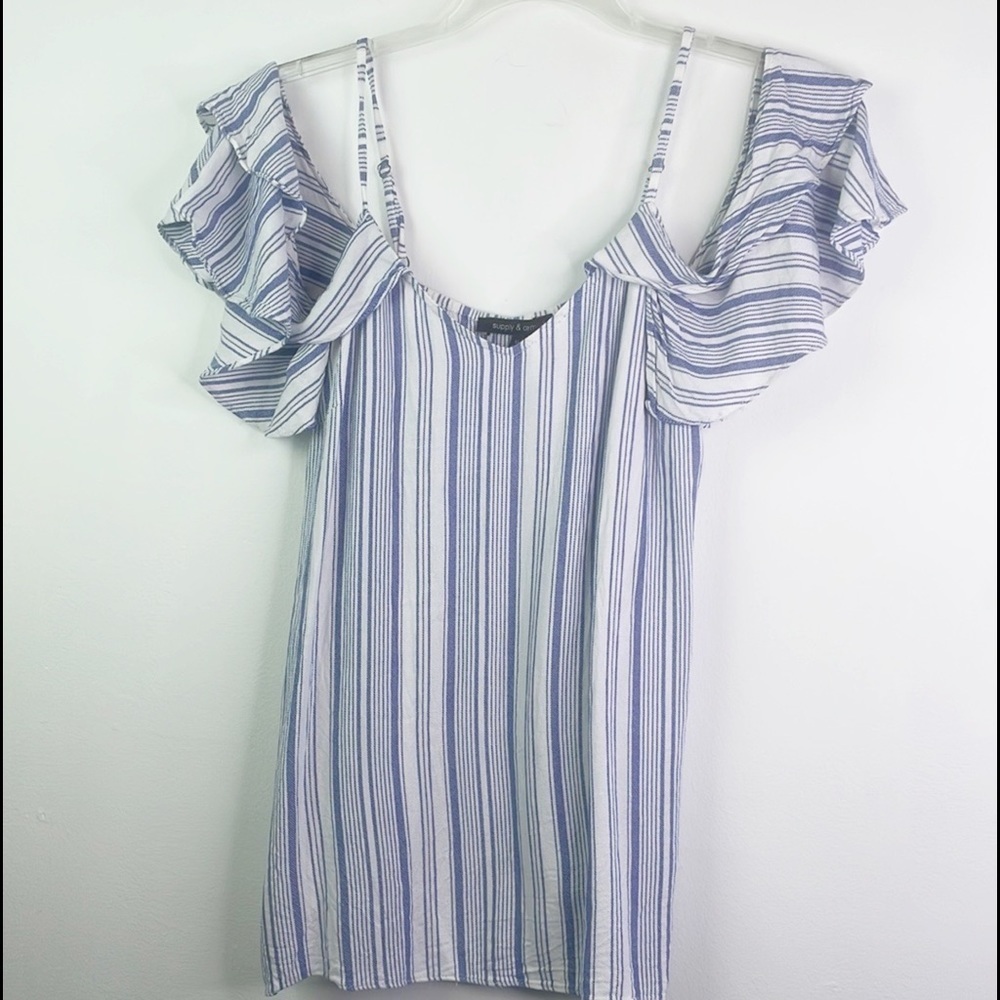 Supply & Demand Size Medium Blue & White Off the Shoulder Swing Top with Strap